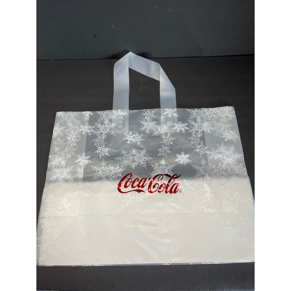 Coca-Cola Frosted Plastic vellum Holiday Shopping Bag Snowflake Red Logo 16x12x4